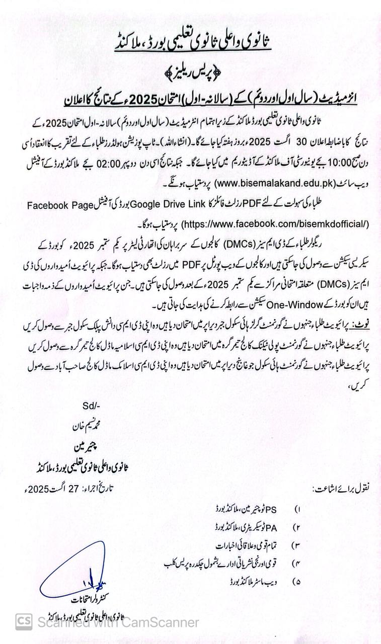 Bise Malakand Board 12th Class Result 2025